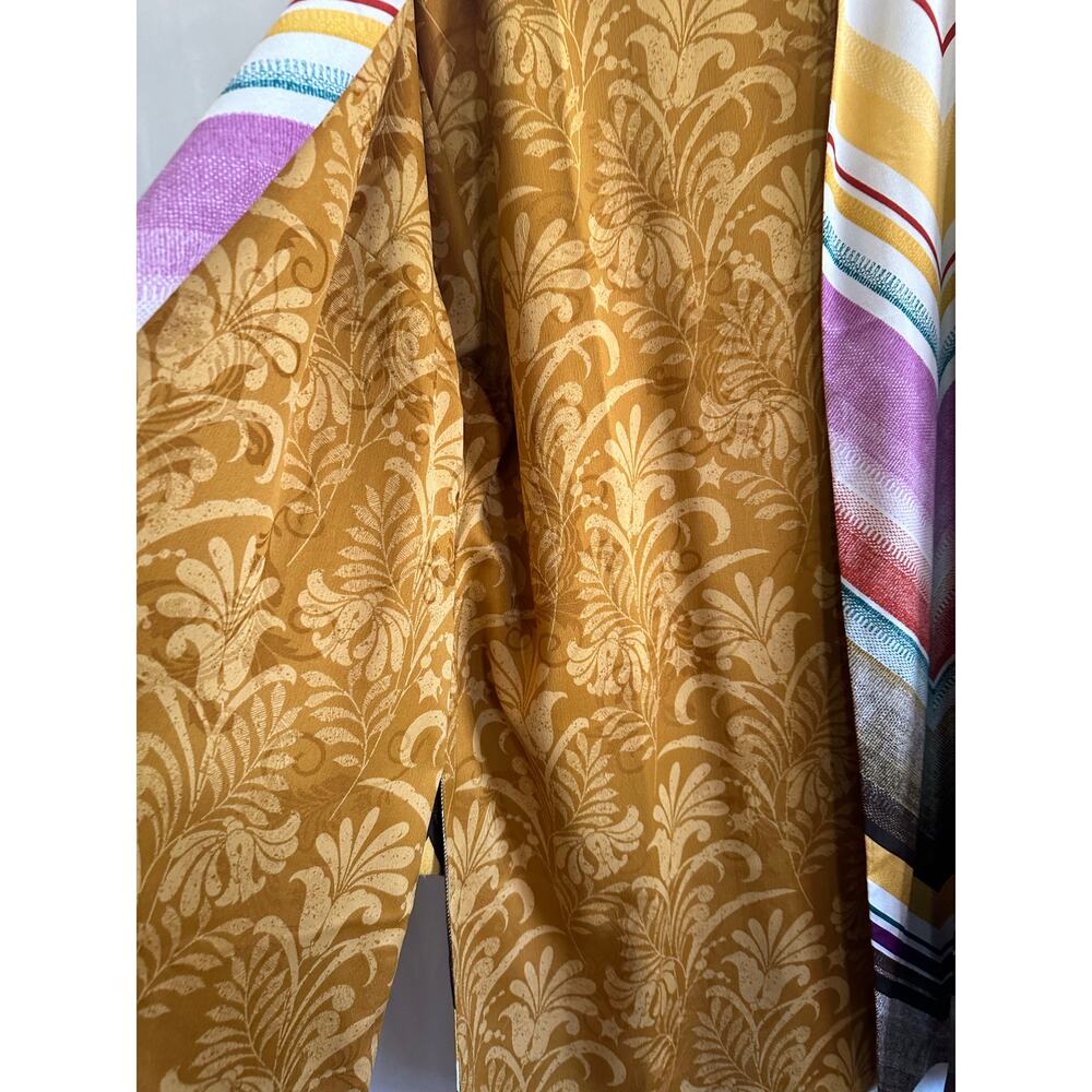 Reversible Boho Kimono Cardigan Mustard Chevron Print Flowy Sleeve Open Front - Picture 3 of 9